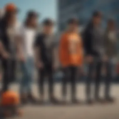 Group of skaters showcasing their black and orange trucker hats