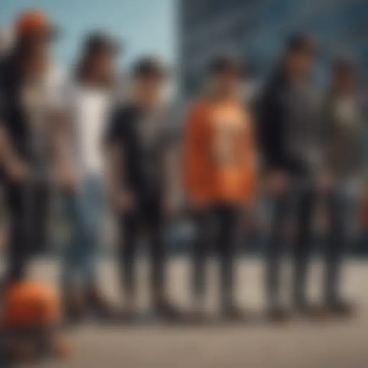 Group of skaters showcasing their black and orange trucker hats