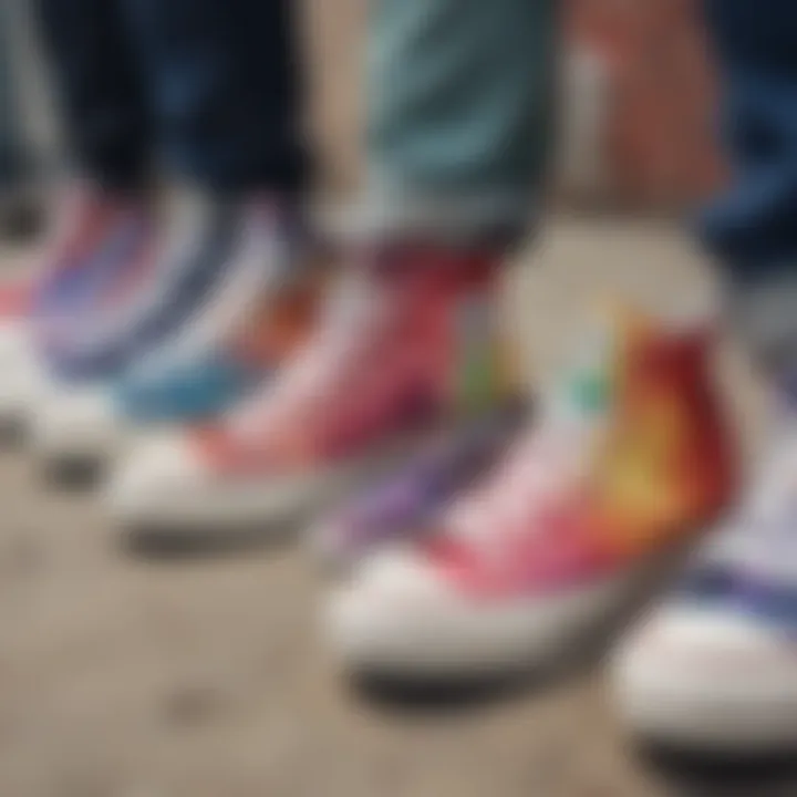 Group of skaters showcasing different styles of Converse tie dye shoes