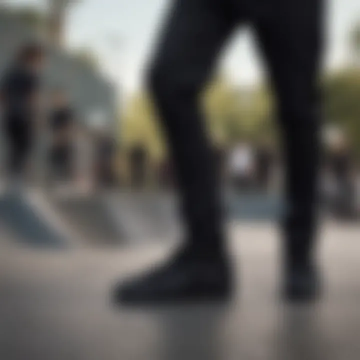 Group of skaters at a skate park wearing all black Vans non-slip shoes.