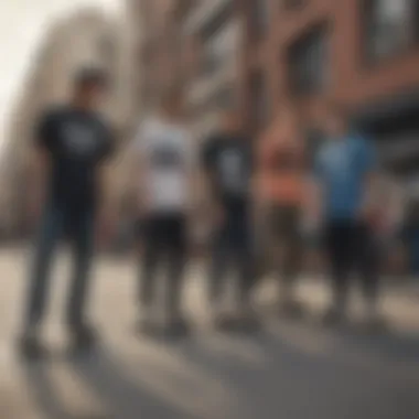 A group of skaters showcasing their graphic tees in an urban environment