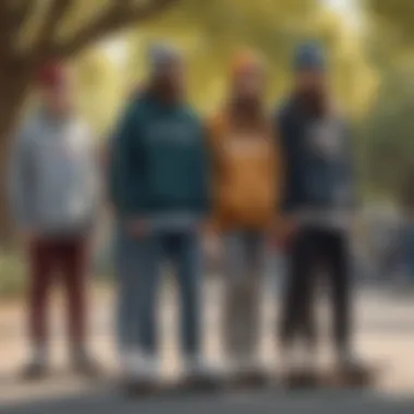 A diverse group of skaters showcasing various baggy beanie styles in an urban park