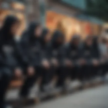 Group of skaters in black hoodies relaxing and socializing