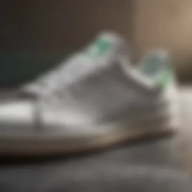 A close-up shot highlighting the unique material composition of Stan Smith skate shoes