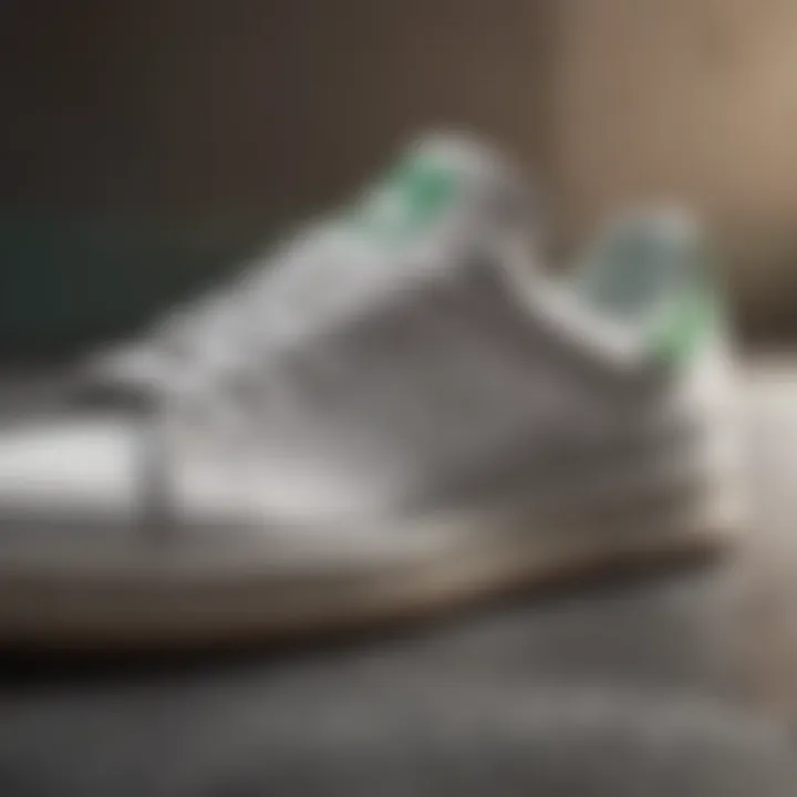 A close-up shot highlighting the unique material composition of Stan Smith skate shoes