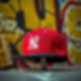 A stylish fitted hat displayed against an urban graffiti wall