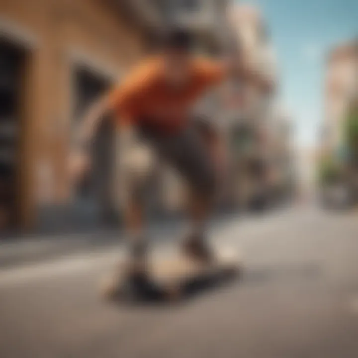 A rider demonstrating smooth carving on the Tan Tien longboard in an urban landscape.