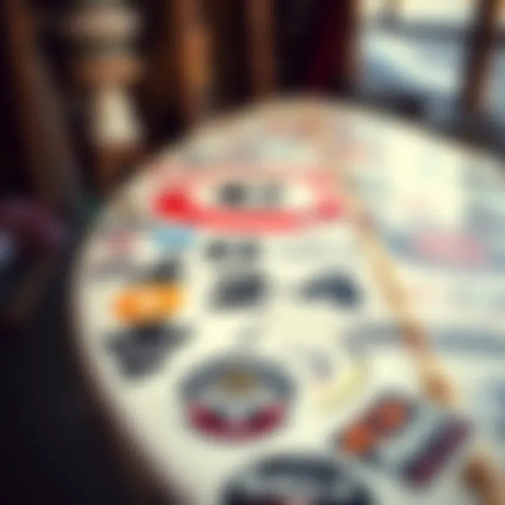 Influence of Oakley on Surf Culture Surfboard adorned with Oakley stickers showcasing the brand's influence