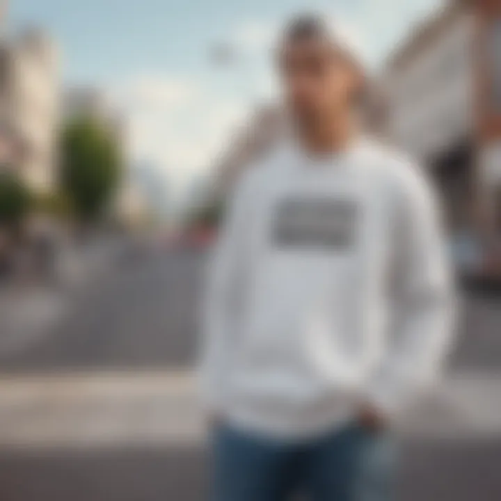 A skateboarder wearing an all-white crew neck sweatshirt in an urban setting.