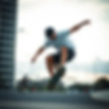 Skateboarder in Action Skateboarder performing tricks in stylish mesh shorts