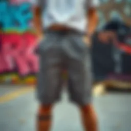 Trendy cool mesh shorts displayed against a vibrant street art backdrop