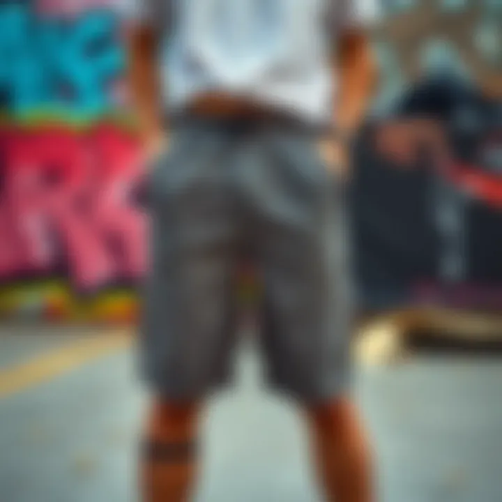 Trendy Mesh Shorts in Urban Setting Trendy cool mesh shorts displayed against a vibrant street art backdrop