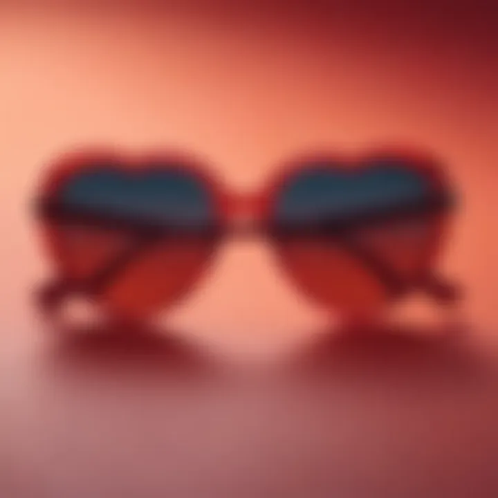 Artistic shot of red heart sunglasses against a colorful backdrop