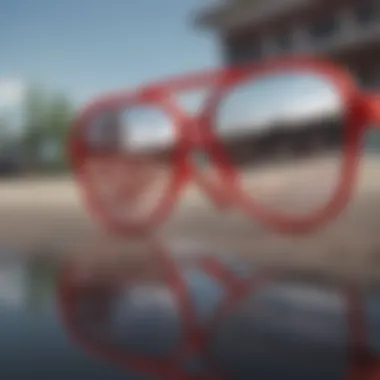 Close-up of red heart sunglasses reflecting a skate park