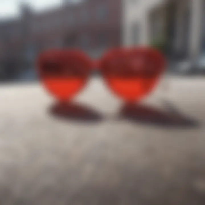 Stylish red heart sunglasses on a skateboard