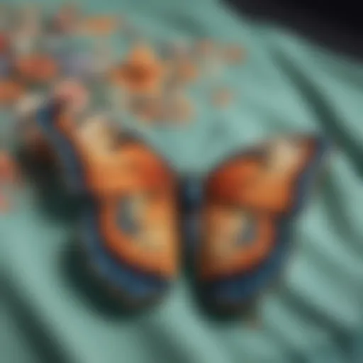 A close-up of a butterfly design on a vibrant sweatshirt, showcasing intricate details.