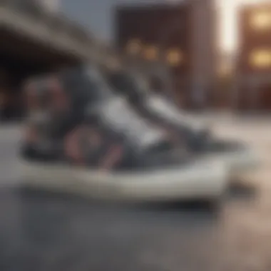 Close-up of stylish skate shoes with unique designs on a skate park background