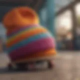 A close-up view of a colorful baggy beanie resting on a skateboard deck