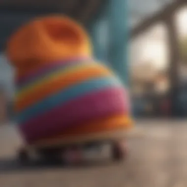 A close-up view of a colorful baggy beanie resting on a skateboard deck