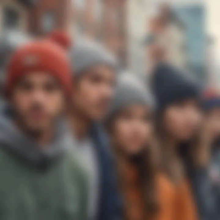 An array of diverse individuals wearing baggy beanies in urban environments, showcasing unique styles.