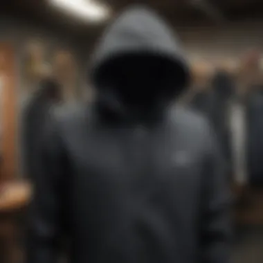 A collection of black hooded vests displayed in a skate shop, showcasing variations in style and design.