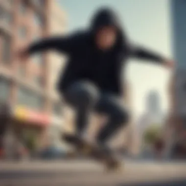 A skateboarder wearing a black hooded vest while performing a trick, illustrating functionality in action.