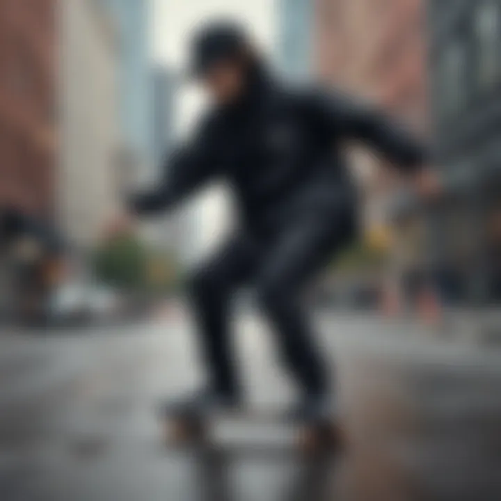 Skateboarder wearing a black Nike windbreaker jacket in action