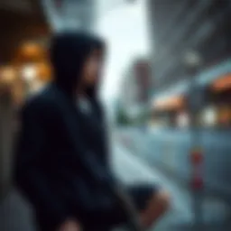 A stylish black zip-up hoodie worn by a skateboarder in an urban setting