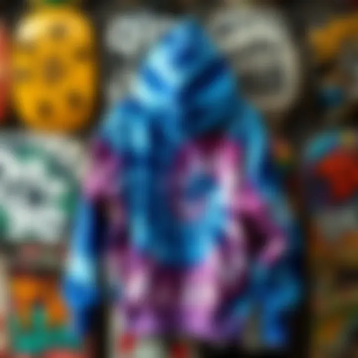 A vibrant blue tie dye hoodie hanging against a skateboard backdrop.