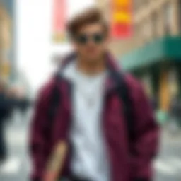 Stylish burgundy windbreaker showcasing street fashion