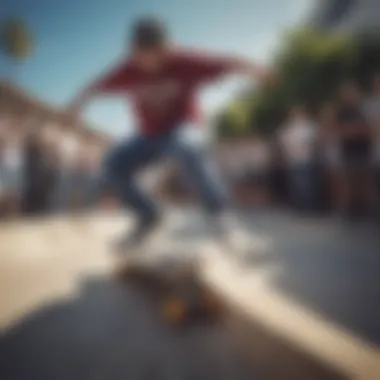 Group of skateboarders wearing Chubby Converse during a trick performance