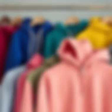 A collection of various fleece hoodies displayed on hangers, representing diverse designs and colors.