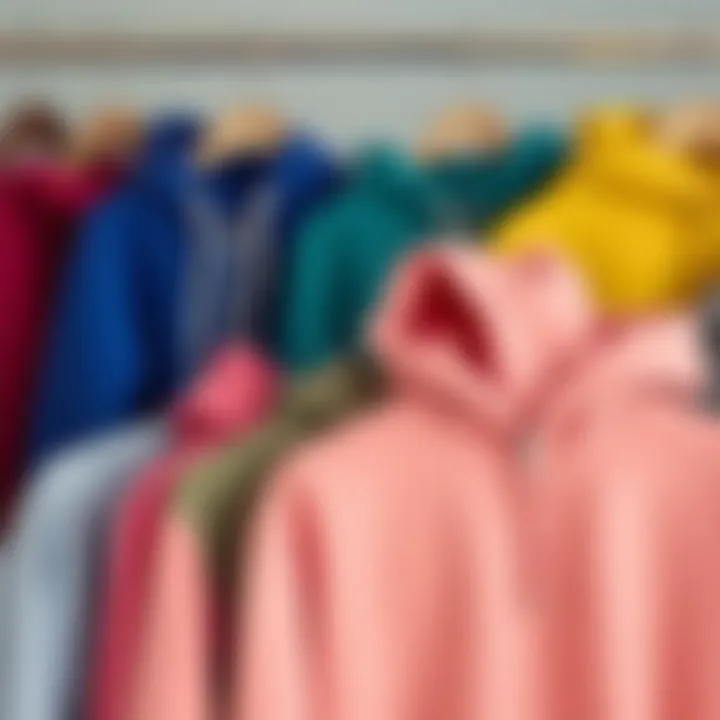 A collection of various fleece hoodies displayed on hangers, representing diverse designs and colors.