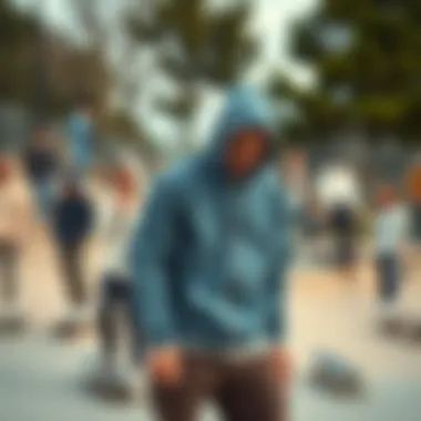 A group of skaters enjoying their time at a skate park, all wearing different styles of fleece hoodies.
