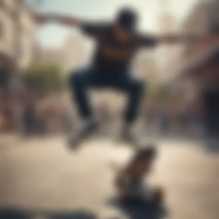 Skateboarder performing tricks wearing high-performance clothing