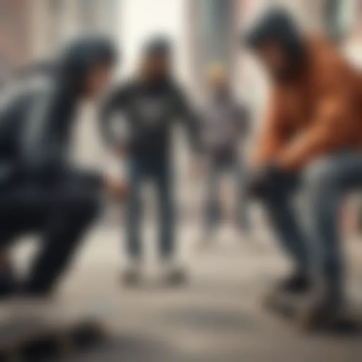 A group of adult skateboarders discussing safety gear