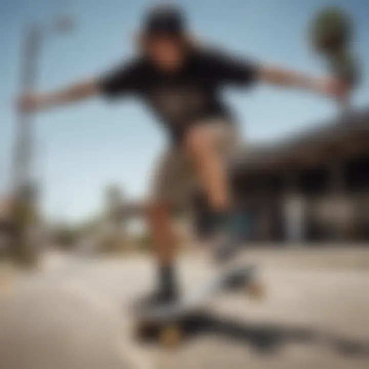 Dynamic shot of a skateboarder wearing drifter shorts while performing a trick