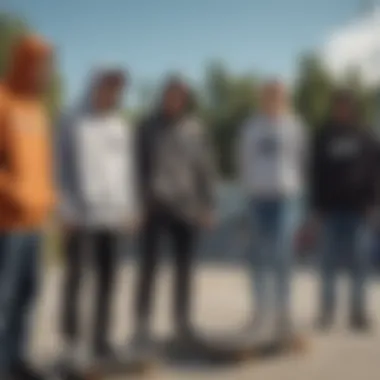 A skateboard park scene showcasing a group of skateboarders in hooded zip-up sweatshirts.