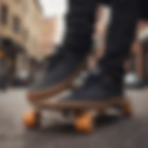 Stylish black Vans with gum soles placed on a skateboard