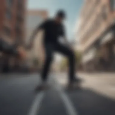 Urban setting showcasing a group of skateboarders wearing black Vans