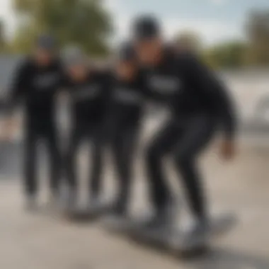 Group of skaters wearing black Vans at a skate park