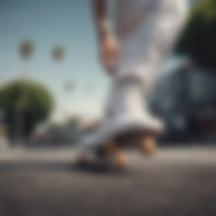 Skateboarder performing a trick while wearing white Vans, embodying the skate culture connection.