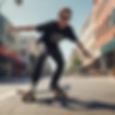 A skateboarder performing a trick while wearing black polarized Wayfarer sunglasses