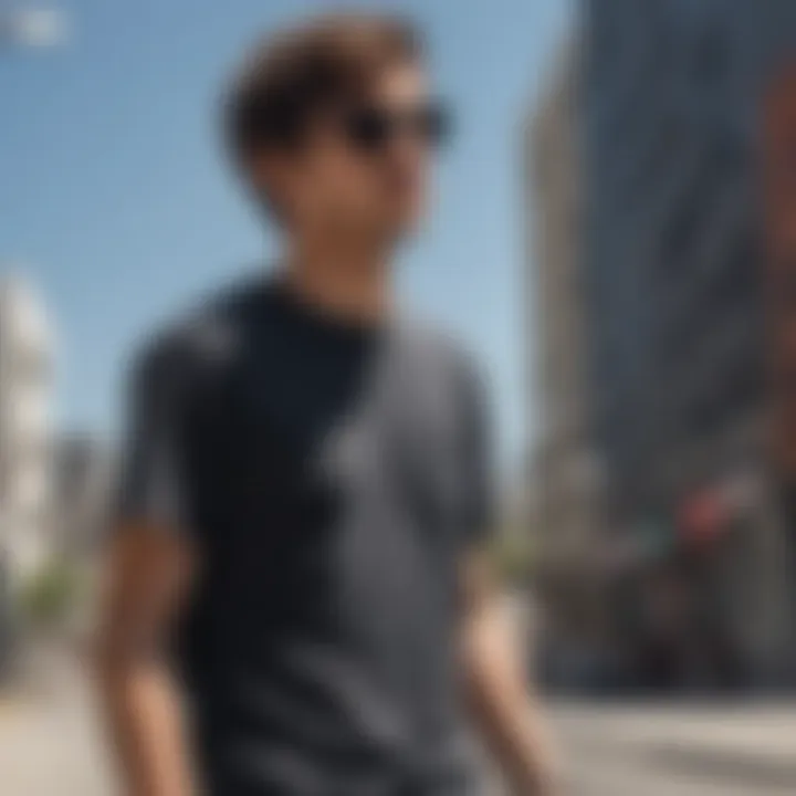 An urban backdrop featuring a skateboarder wearing stylish black polarized Wayfarer sunglasses