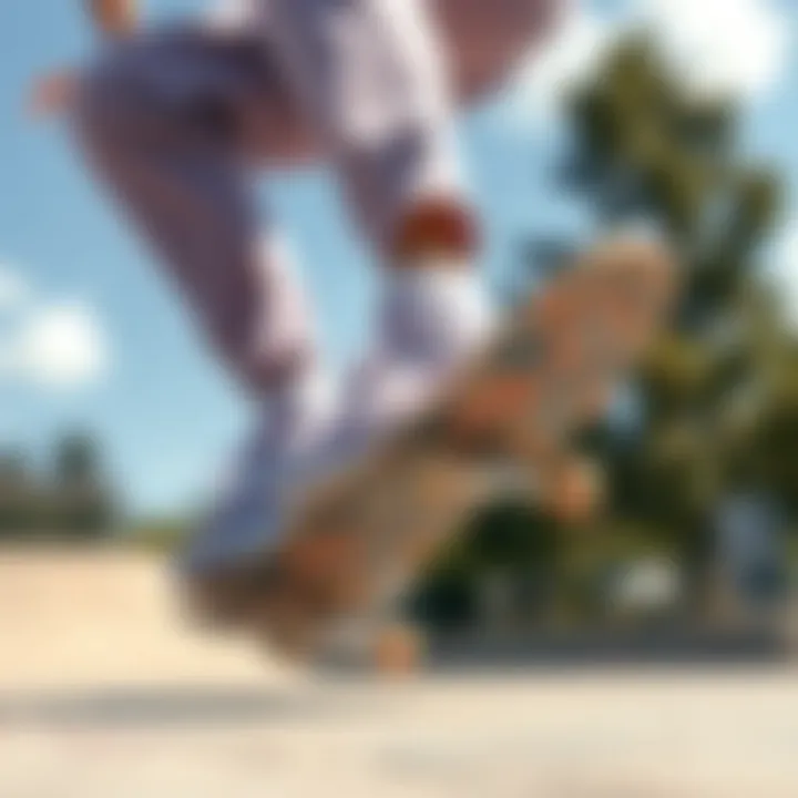 Skateboarding in Lavender Vans A skateboarder wearing Vans shoes in lavender performing a trick