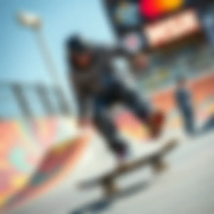 Skateboarder performing tricks with union force bindings on a vibrant skate park