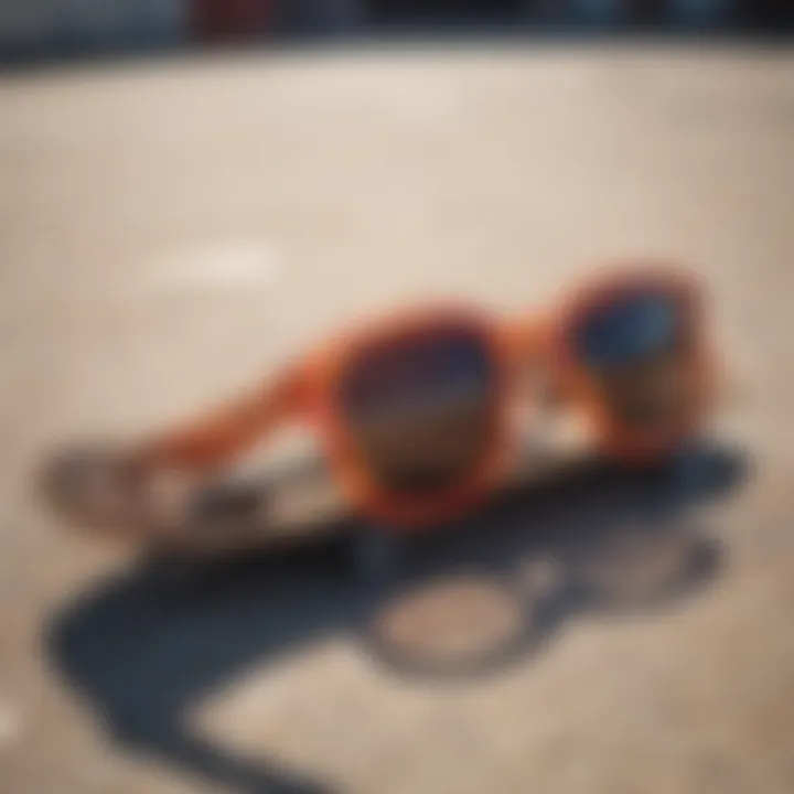 A skateboard resting on the ground with heatwave sunglasses on top