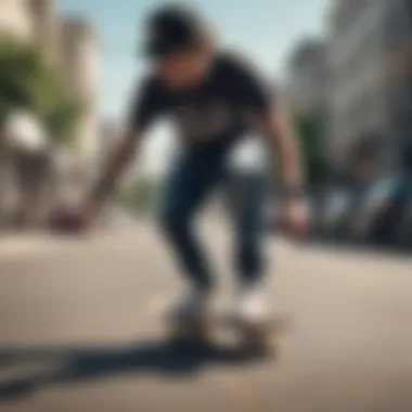 A skateboarder showing proper stance and posture while preparing for a power slide.