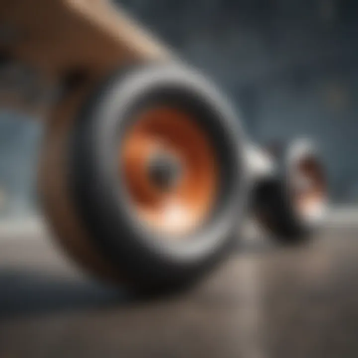 Close-up of skateboard wheels during a power slide, showcasing their grip.