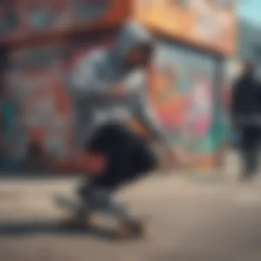 A vibrant street scene with skaters and graffiti, highlighting skate culture.